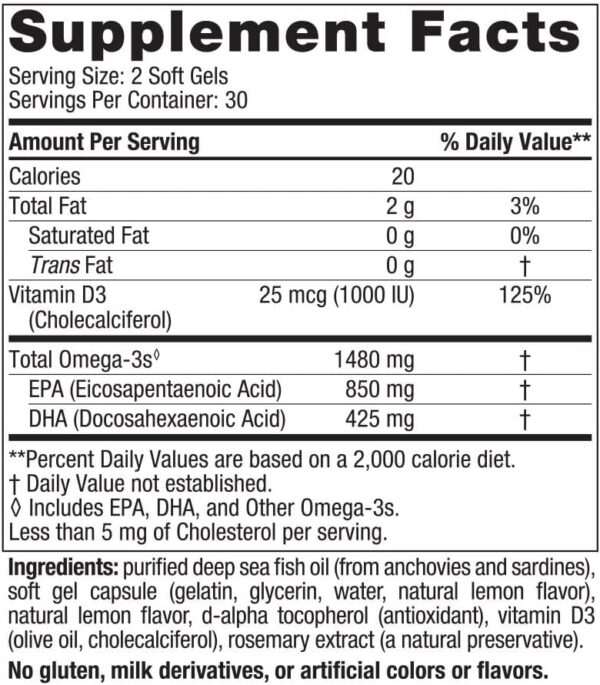 Nordic Naturals Ultimate Omega Xtra, Lemon Flavor - 60 Soft Gels - 1480 mg Omega-3 + 1000 IU Vitamin D3 - Omega-3 Fish Oil - EPA & DHA - Brain, Heart, Joint, & Immune Health - 30 Servings - Image 2