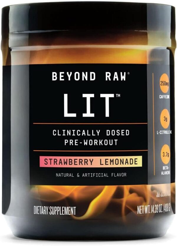 BEYOND RAW LIT | Clinically Dosed Pre-Workout Powder | Contains Caffeine, L-Citrulline, Beta-Alanine, and Nitric Oxide | Strawberry Lemonade | 30 Servings