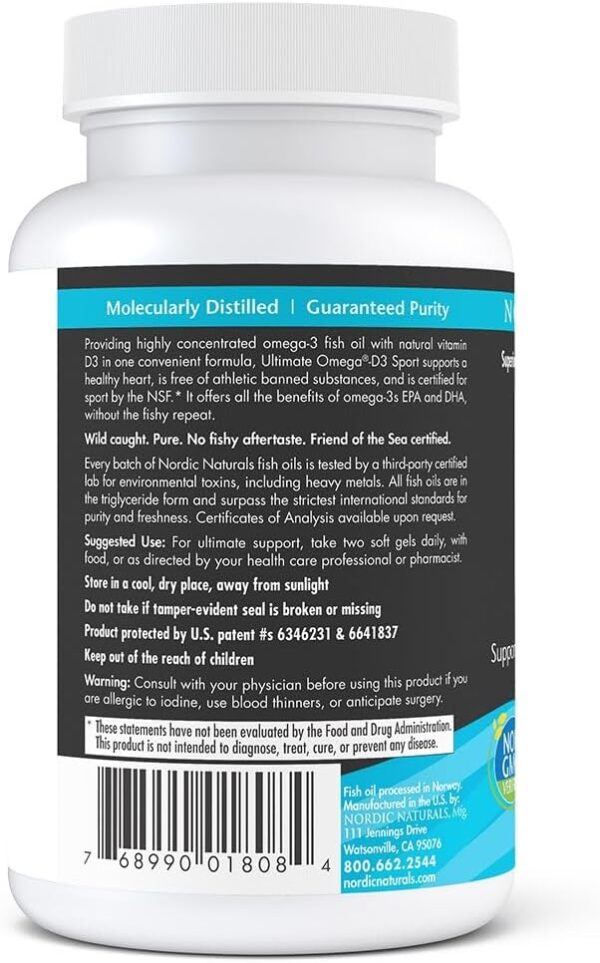Nordic Naturals Ultimate Omega-D3 Sport, Lemon - 60 Soft Gels - 1480 mg Omega-3 + 1000 IU Vitamin D3 - NSF Certified - Supports Muscle, Bones, Focus & Endurance - 30 Servings - Image 3