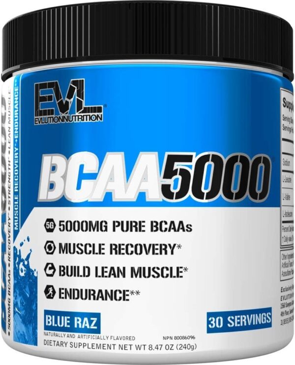 Evlution EVL BCAAs Amino Acids Powder - BCAA Powder Post Workout Recovery Drink and Stim Free Pre Workout Energy Drink Powder - 5g Branched Chain Amino Acids Supplement for Men - Blue Raz