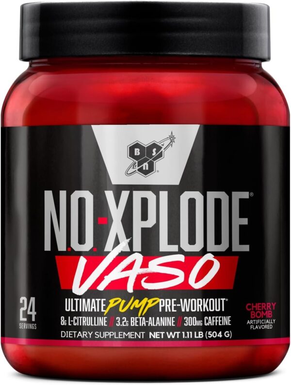 BSN N.O.-XPLODE Vaso Pre Workout Powder with 8g of L-Citrulline and 3.2g Beta-Alanine and Energy, Flavor: Cherry Bomb, 24 Servings