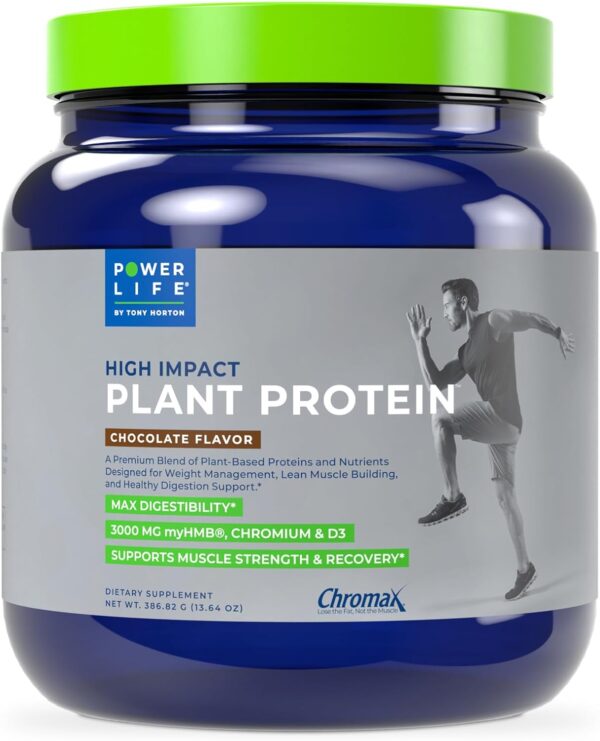 POWERLIFE Tony Horton High Impact Plant Protein Powder with 3000 MG of HMB, Plant-Based, No Sugar Added, Vegan, Keto Friendly, Non-GMO (Chocolate - New Formula)