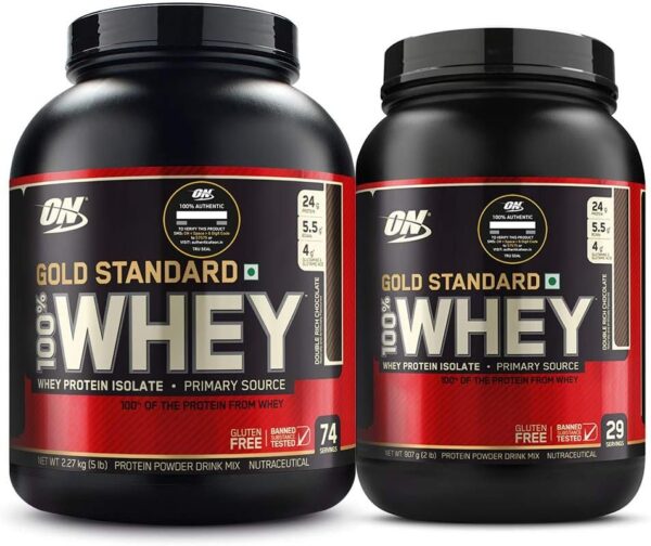 Optimum Nutrition ON Gold Standard 100% Whey Protein Primary Source Isolate - Double Rich Chocolate, 5 Lbs+ ON Gold Standard 100% Whey Protein Primary Source Isolate - Double Rich Chocolate, 2 Lbs