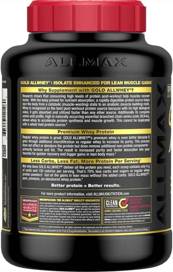 ALLMAX Nutrition Gold ALLWHEY, French Vanilla - 5 lb - 24 Grams of Protein Per Scoop - Gluten Free, Low Carb & Low Sugar - Approx. 71 Servings - Image 3