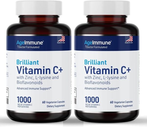 Vitamin C 1000mg Complex with L-Lysine 500mg, Zinc Gluconate 12mg, Bioflavonoids 300mg. Doctor Formulated Magnesium Stearate Free Supplements for Healthy Immune System Support. Two Bottles.(2)