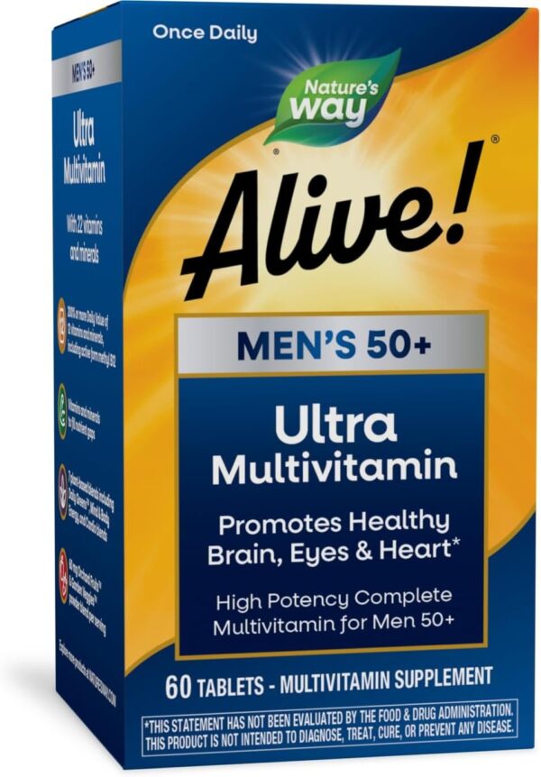 Nature's Way Alive! Men’s 50+ Daily Ultra Multivitamin, High Potency Formula, Supports Healthy Brain, Eyes & Heart*, with Methylated B12, Gluten-Free, 60 Tablets (Packaging May Vary)