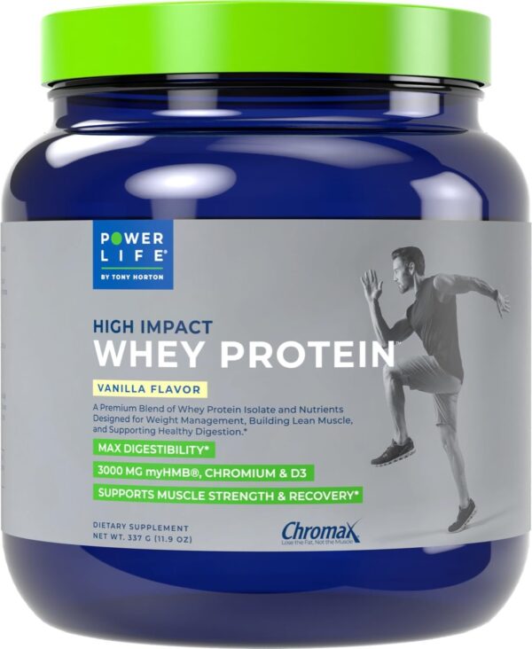 POWERLIFE Tony Horton High Impact Grass Fed Whey Protein with 3000 MG of HMB, No Sugar Added, Non-GMO, Hormone and Antibiotic Free, 15 Servings (Vanilla - New Formula)