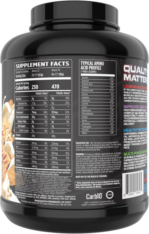 VMI Sports | Major Mass Lean Mass Gainer | Mass Gainer Protein Powder for Muscle Gain | Weight Gainer Protein Powder for Men | Weight Gainer for Women (Cinnamon Crunch, 4 Pounds) - Image 2