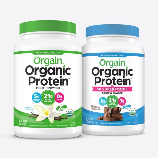 Orgain Organic Protein + Superfoods Powder, Creamy Chocolate Fudge (2.02 Lb) and Orgain Organic Vegan Protein Powder, Vanilla Bean (2.03 Lb)