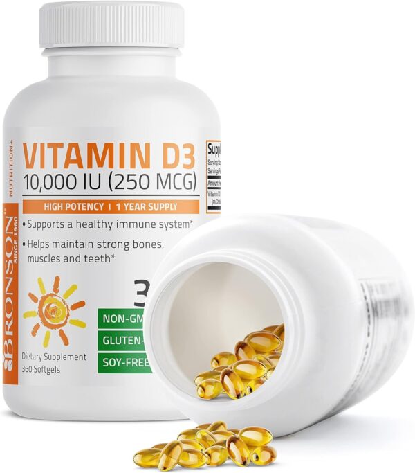 Bronson Vitamin D3 10,000 IU (250 mcg) High Potency - Supports Healthy Immune System, Strong Bones, Muscles & Teeth - Non GMO, 360 Softgels (1 Year Supply) - Image 3