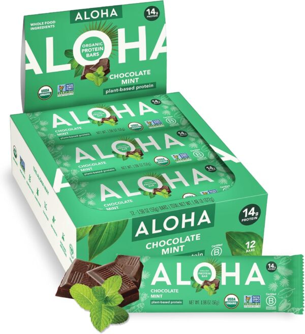 ALOHA Organic Plant Based Protein Bars, Chocolate Mint, 1.98 Oz (Pack of 12)