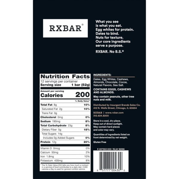 RXBAR Protein Bars, Protein Snack, Snack Bars, Chocolate Sea Salt, 22oz Box (12 Bars) - Image 2