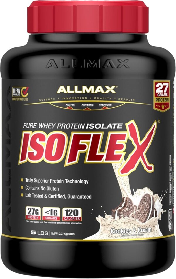 ALLMAX Nutrition - ISOFLEX Whey Protein Powder, Whey Protein Isolate, 27g Protein, Cookies & Cream, 5 Pound