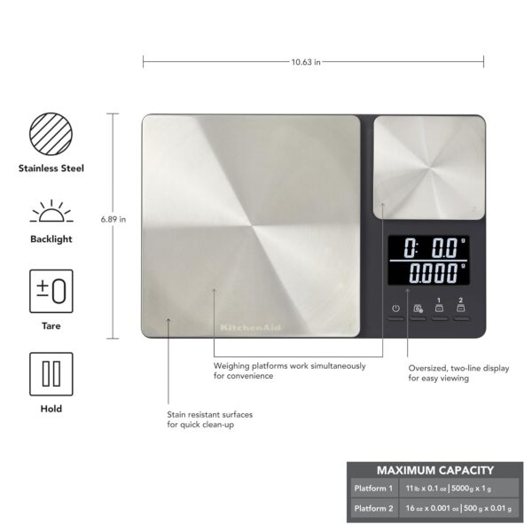 KitchenAid KQ909 Dual Platform Digital Kitchen and Food Scale, 11 pound capacity and Precision 16oz capacity, Black with Stainless Steel - Image 2