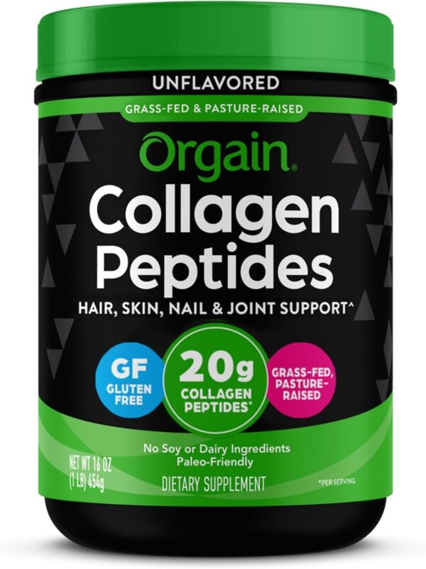 Orgain Hydrolyzed Collagen Peptides Powder For Women & Men, 20g Grass Fed Collagen, Unflavored - Hair, Skin, Nail, & Joint Support Supplement, Paleo & Keto, Non-GMO, Type I and III, 1lb