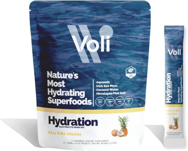 Voli Hydration, Pali Piña Colada, Superfood Hydration, Irish Sea Moss, Aquamin (Natural Magnesium), Coconut Water, Himalayan Pink Salt, Low-Calorie Hydration, 15 Servings (Pack of 1)