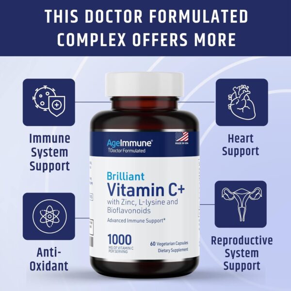 Vitamin C 1000mg Complex with L-Lysine 500mg, Zinc Gluconate 12mg, Bioflavonoids 300mg. Doctor Formulated Magnesium Stearate Free Supplements for Healthy Immune System Support. Two Bottles.(2) - Image 3