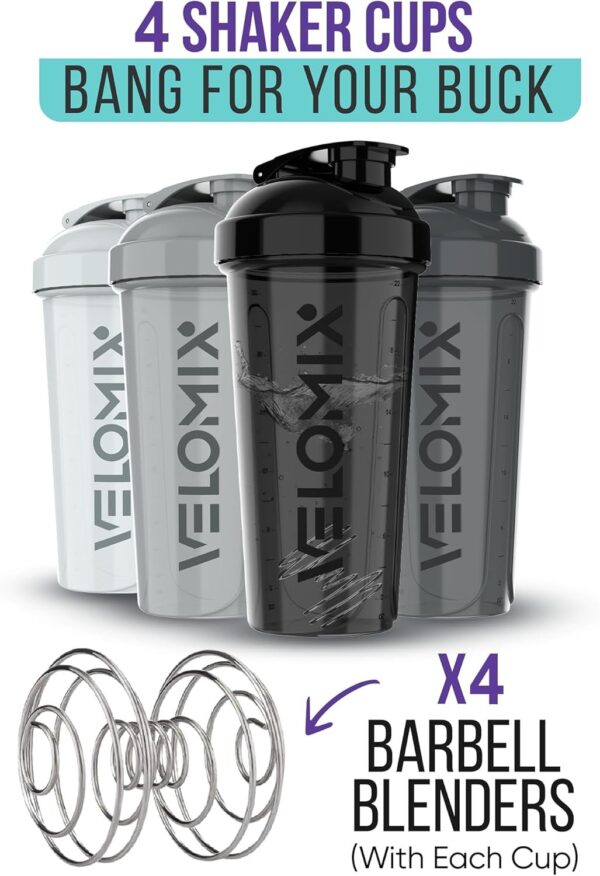 VELOMIX -4 PACK- 28 oz Protein Shaker Bottle for Protein Mixes - 4x Wire Whisk | Leak Proof Shaker Cups for Protein Shakes | Protein Shaker Bottle Pack | Protein Shake Cup - Image 2