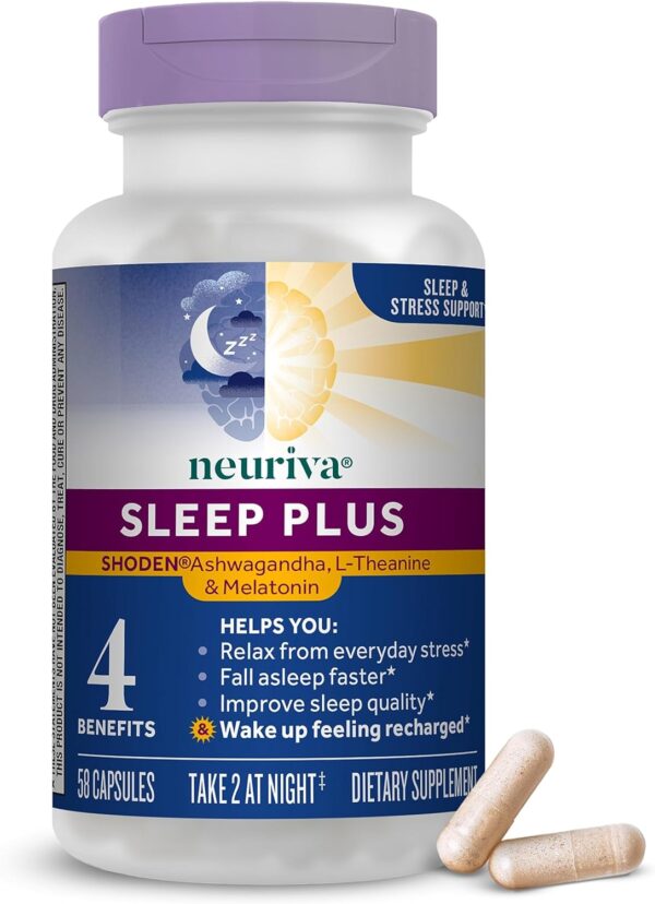 NEURIVA Sleep Plus with 4-in-1 Benefits - Clinically Tested Ashwagandha, L-Theanine & Melatonin - Reduce Stress, Fall Asleep Faster, Improve Sleep Quality, Wake Up Refreshed*, 58ct Capsules