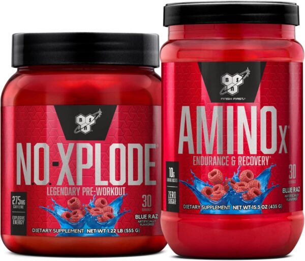 BSN Workout Bundle of NO XPLODE Pre Workout Powder Blue Raz, 30 Servings AMINO X Muscle Recovery Intra Workout Support, Caffeine Free Blue Raz, 30 Servings