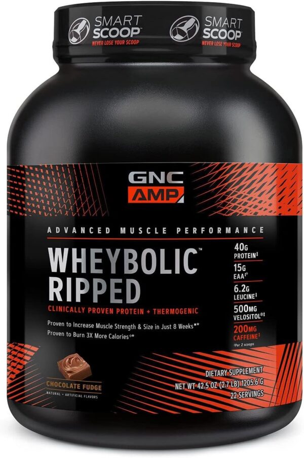 GNC AMP Wheybolic Ripped | Targeted Muscle Building and Workout Support Formula | Pure Whey Protein Powder Isolate with BCAA | Gluten Free | Chocolate Fudge | 22 Servings