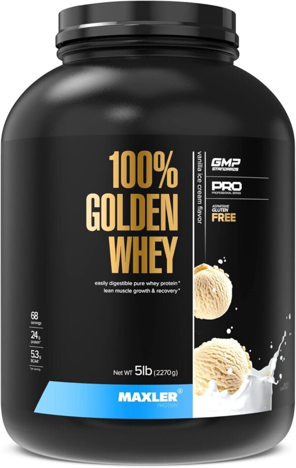 Maxler 100% Golden Whey Protein - 24g of Premium Whey Protein Powder per Serving - Pre, Post & Intra Workout - Fast-Absorbing Whey Hydrolysate, Isolate & Concentrate Blend - Vanilla Ice Cream 5 lbs