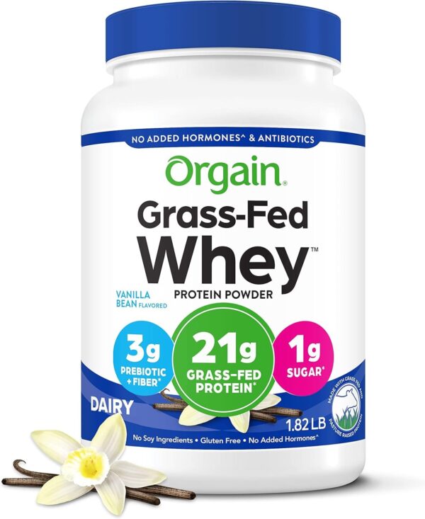 Orgain Whey Protein Powder, Vanilla Bean- 21g Grass Fed Dairy Protein, 5g BCAAs, 3g Prebiotic Fiber, No Sugar Added, No Added Hormones, Gluten Free, Kosher, For Shakes & Smoothies - 1.82lb