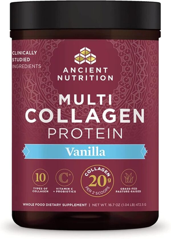 Ancient Nutrition Hydrolyzed Collagen Peptides Powder with Probiotics, Vanilla Multi Collagen Protein for Women and Men with Vitamin C, 45 Servings, Supports Skin and Nails, Gut Health, 16.7oz