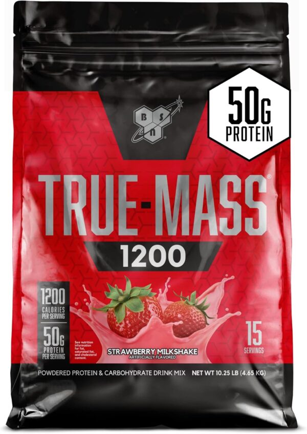 BSN TRUE-MASS Weight Gainer, Muscle Mass Gainer Protein Powder, Strawberry Milkshake, 10.25 Pound