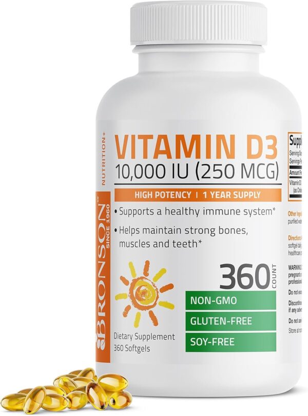 Bronson Vitamin D3 10,000 IU (250 mcg) High Potency - Supports Healthy Immune System, Strong Bones, Muscles & Teeth - Non GMO, 360 Softgels (1 Year Supply)