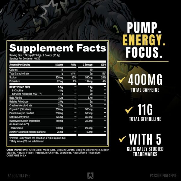 RYSE Up Supplements Noel Deyzel x Godzilla Pre Workout | Intense Pumps, Energy, & Focus | Citrulline & Beta Alanine | 400mg Total Caffeine | 40 Servings (Passion Pineapple) - Image 3