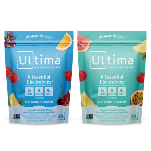 Ultima Replenisher Daily Electrolyte Drink Mix – Tropical Variety & 5-Flavor Variety, 20 Stickpacks – Hydration Packets with 6 Electrolytes & Minerals – Keto, Non-GMO & Sugar-Free Electrolyte Powder