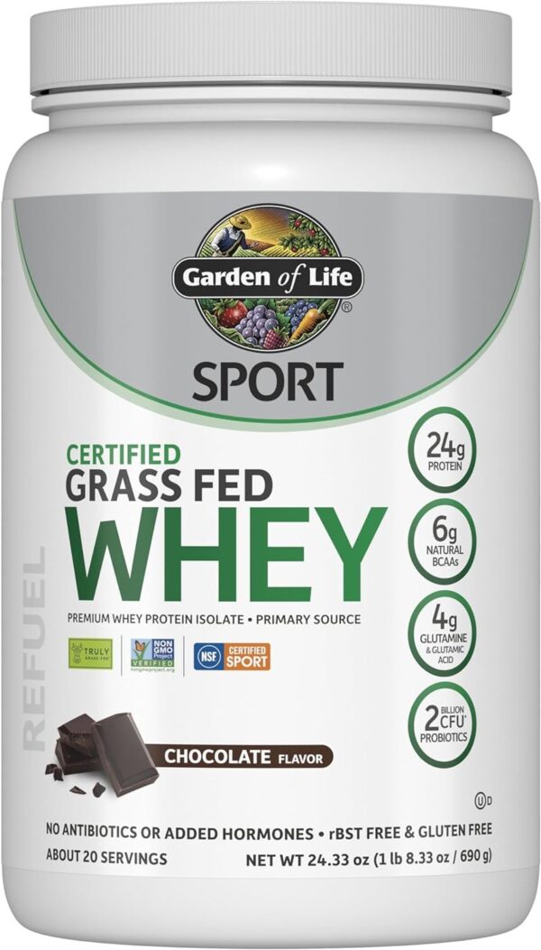 Garden of Life Sport Whey Protein Powder Chocolate, Premium Grass Fed Whey Protein Isolate Plus Probiotics for Immune System Health, 24g Protein, Non GMO, Gluten Free, Cold Processed - 20 Servings