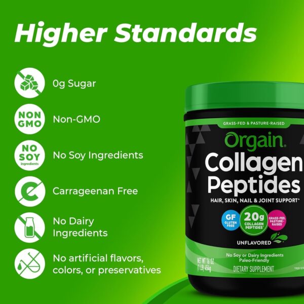 Orgain Hydrolyzed Collagen Peptides Powder For Women & Men, 20g Grass Fed Collagen, Unflavored - Hair, Skin, Nail, & Joint Support Supplement, Paleo & Keto, Non-GMO, Type I and III, 1lb - Image 3