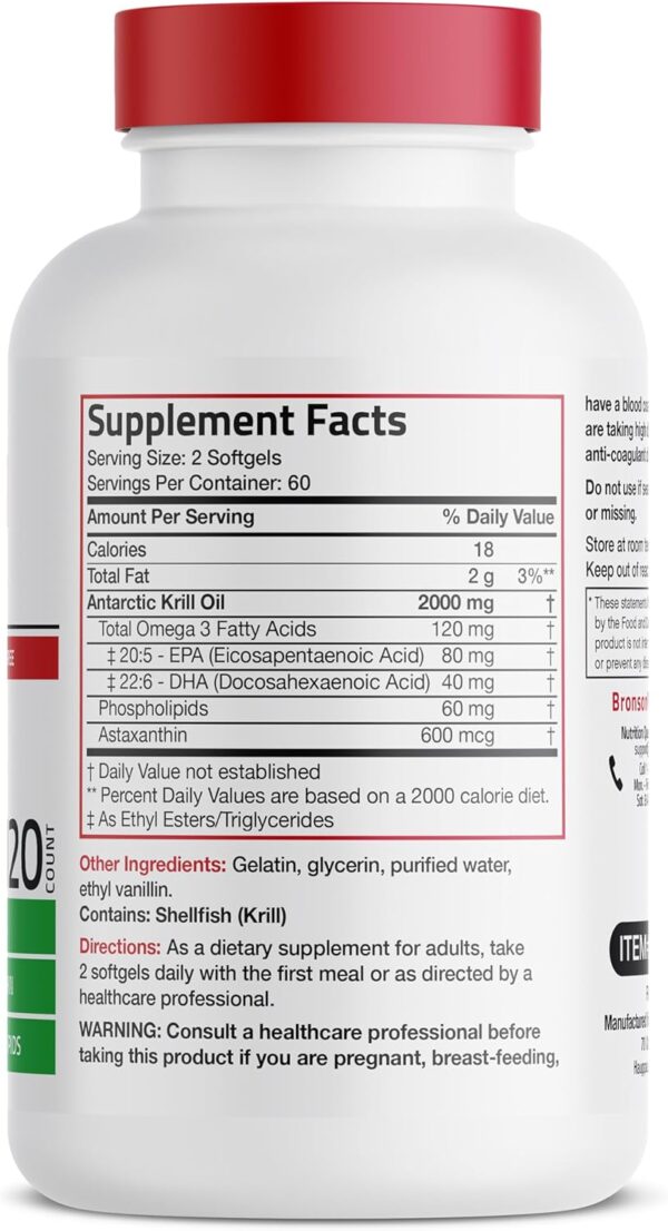 Bronson Antarctic Krill Oil 2000 mg with Omega-3s EPA, DHA, Astaxanthin and Phospholipids 120 Softgels (60 Servings) - Image 2