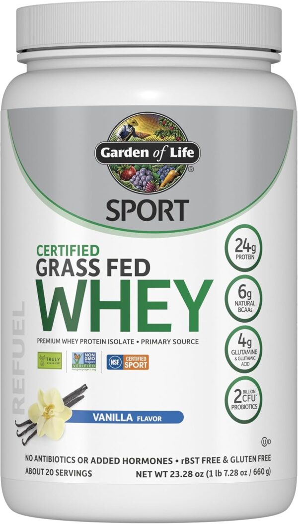 Garden of Life SPORT Whey Protein Powder Vanilla., Premium Grass Fed Whey Protein Isolate plus Probiotics for Immune System Health, 24g Protein, Non GMO, Gluten Free., Cold Processed - 20 Servings