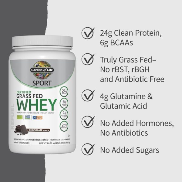 Garden of Life Sport Whey Protein Powder Chocolate, Premium Grass Fed Whey Protein Isolate Plus Probiotics for Immune System Health, 24g Protein, Non GMO, Gluten Free, Cold Processed - 20 Servings - Image 3