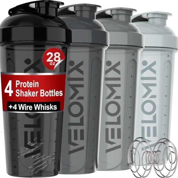 VELOMIX -4 PACK- 28 oz Protein Shaker Bottle for Protein Mixes - 4x Wire Whisk | Leak Proof Shaker Cups for Protein Shakes | Protein Shaker Bottle Pack | Protein Shake Cup