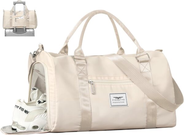 FIORETTO Womens Gym Tote Duffle Bag with Wet Pocket & Shoe Compartment, Sports Duffel Overnight Weekender Hospital Workout Carry on Bag for Girls, Ideal for Travel, Swimming, Dance, Ballet Beige