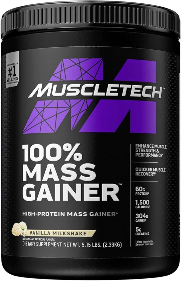 Mass Gainer MuscleTech 100% Mass Gainer Protein Powder Protein Powder for Muscle Gain Whey Protein + Muscle Builder Creatine Supplements Vanilla, 5.15 Pound (Pack of 1)