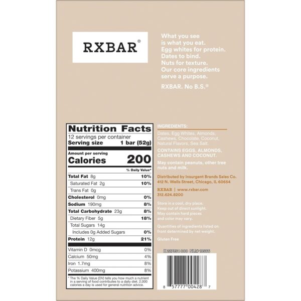 RXBAR Protein Bars, Protein Snack, Snack Bars, Coconut Chocolate, 22oz Box (12 Bars) - Image 2