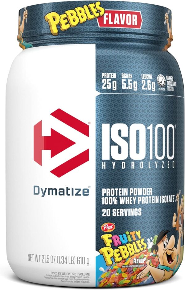 Dymatize ISO100 Hydrolyzed Protein Powder, 100% Whey Isolate, 25g of Protein, 5.5g BCAAs, Gluten Free, Fast Absorbing, Easy Digesting, Fruity Pebbles, 20 Servings