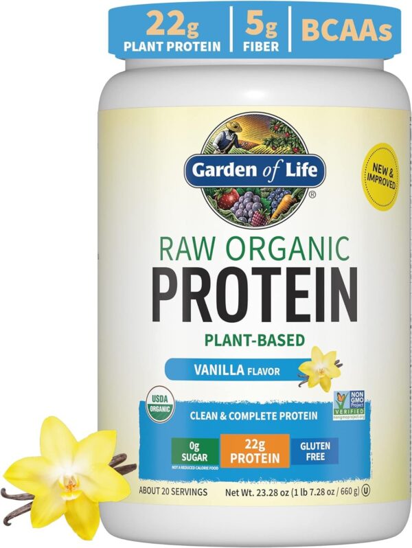 Organic Vegan Vanilla Protein Powder - Garden of Life – 22g Complete Plant Based Raw Protein & BCAAs plus Probiotics & Digestive Enzymes for Easy Digestion – Non-GMO, Gluten-Free, Lactose Free 1.5 LB