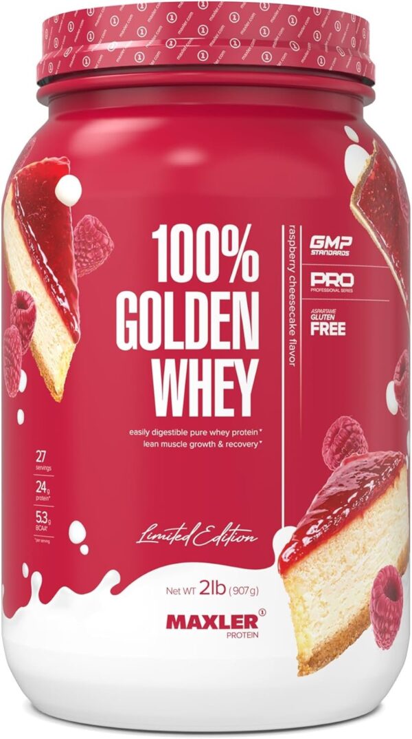 Maxler Raspberry Cheesecake 100% Golden Whey Protein Powder, 2 pounds (Pack of 1), 32 Servings | Whey Hydrolysate, Isolate & Concentrate Blend | Pre, Post & Intra Workout