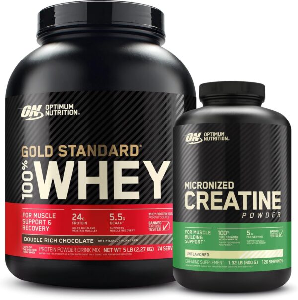 Optimum Nutrition 100% Gold Standard Whey Protein Powder: Double Rich Chocolate (5 Pound) with Micronized Creatine Monohydrate Powder, Unflavored (120 Servings) - Bundle Pack