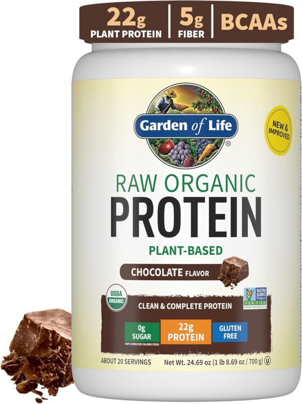 Garden of Life – Organic Vegan Chocolate Protein Powder - 22g Complete Plant Based Raw Protein & BCAAs plus Probiotics & Digestive Enzymes for Easy Digestion, Non-GMO Gluten-Free, Lactose Free 1.5 LB