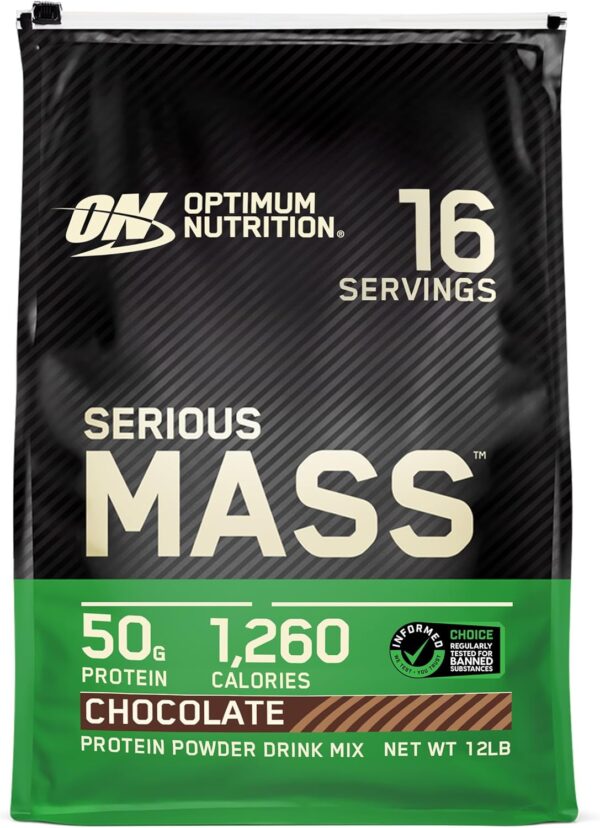 Optimum Nutrition Serious Mass, Weight Gainer Protein Powder, Mass Gainer, Vitamin C and Zinc for Immune Support, Creatine, Chocolate, 12 Pound (Packaging May Vary)