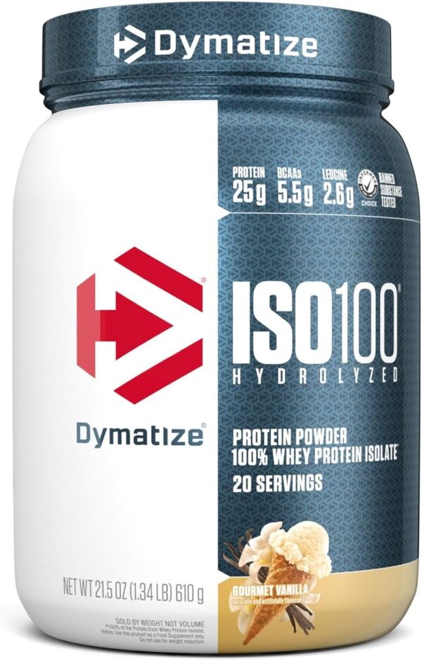 Dymatize ISO100 Hydrolyzed Protein Powder, 100% Whey Isolate, 25g of Protein, 5.5g BCAAs, Gluten Free, Fast Absorbing, Easy Digesting, Gourmet Vanilla, 20 Servings