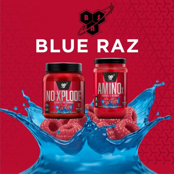 BSN Workout Bundle of NO XPLODE Pre Workout Powder Blue Raz, 30 Servings AMINO X Muscle Recovery Intra Workout Support, Caffeine Free Blue Raz, 30 Servings - Image 3