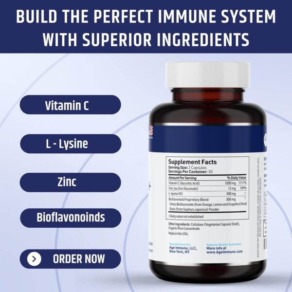 Vitamin C 1000mg Complex with L-Lysine 500mg, Zinc Gluconate 12mg, Bioflavonoids 300mg. Doctor Formulated Magnesium Stearate Free Supplements for Healthy Immune System Support. Two Bottles.(2) - Image 2